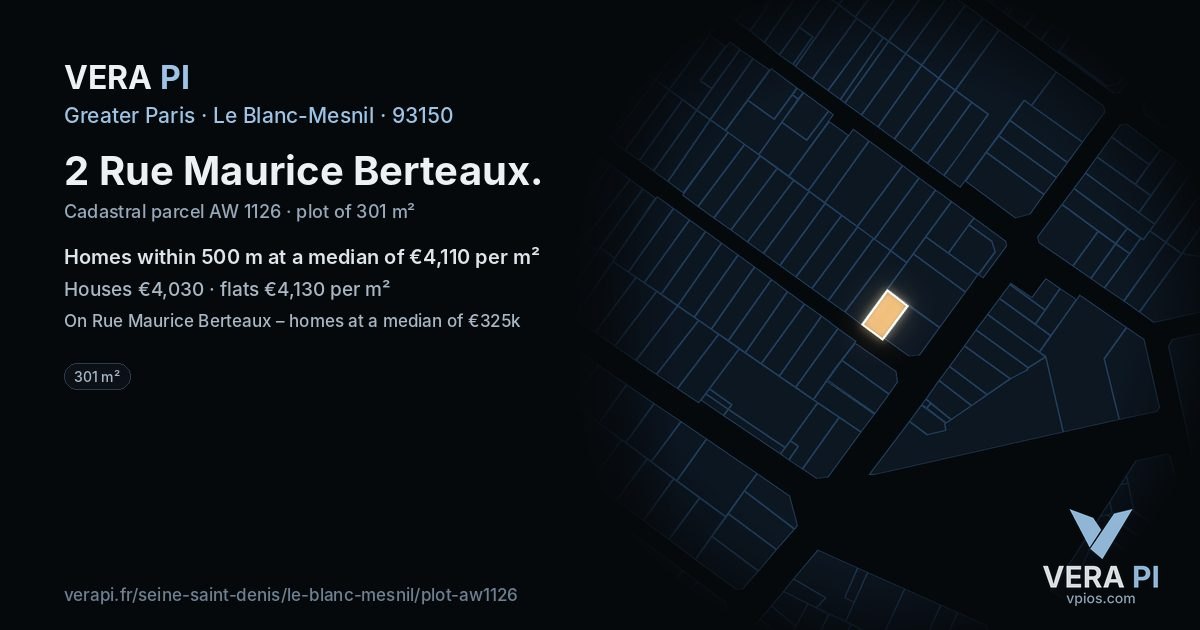 2 Rue Maurice Berteaux, Le Blanc-Mesnil at night – the plot lit, the parcels around coloured by the prices near them