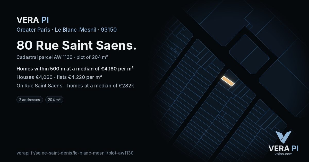 80 Rue Saint Saens, Le Blanc-Mesnil at night – the plot lit, the parcels around coloured by the prices near them