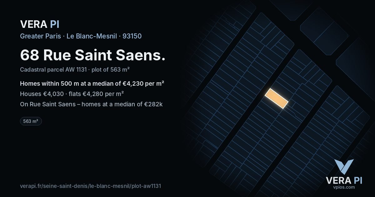 68 Rue Saint Saens, Le Blanc-Mesnil at night – the plot lit, the parcels around coloured by the prices near them