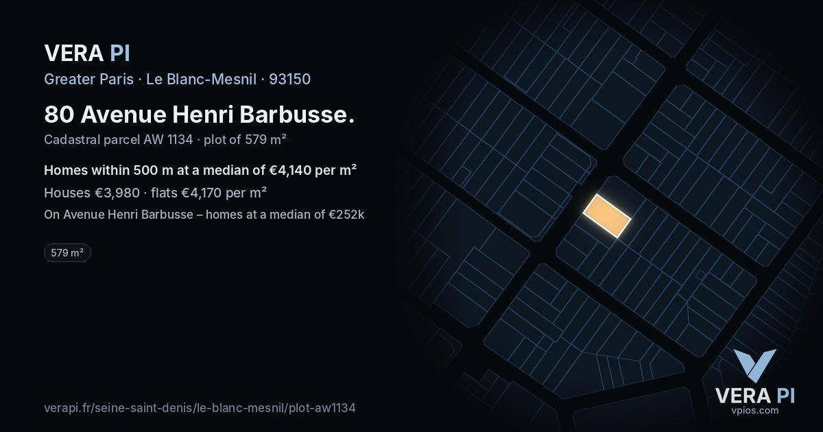 80 Avenue Henri Barbusse, Le Blanc-Mesnil at night – the plot lit, the parcels around coloured by the prices near them