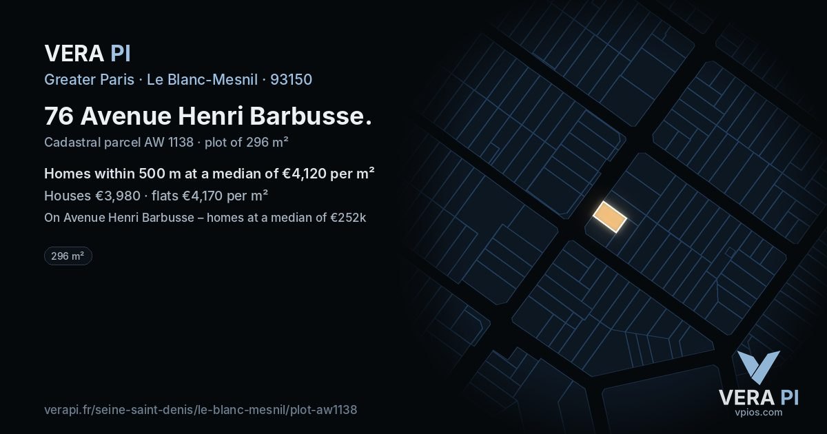 76 Avenue Henri Barbusse, Le Blanc-Mesnil at night – the plot lit, the parcels around coloured by the prices near them