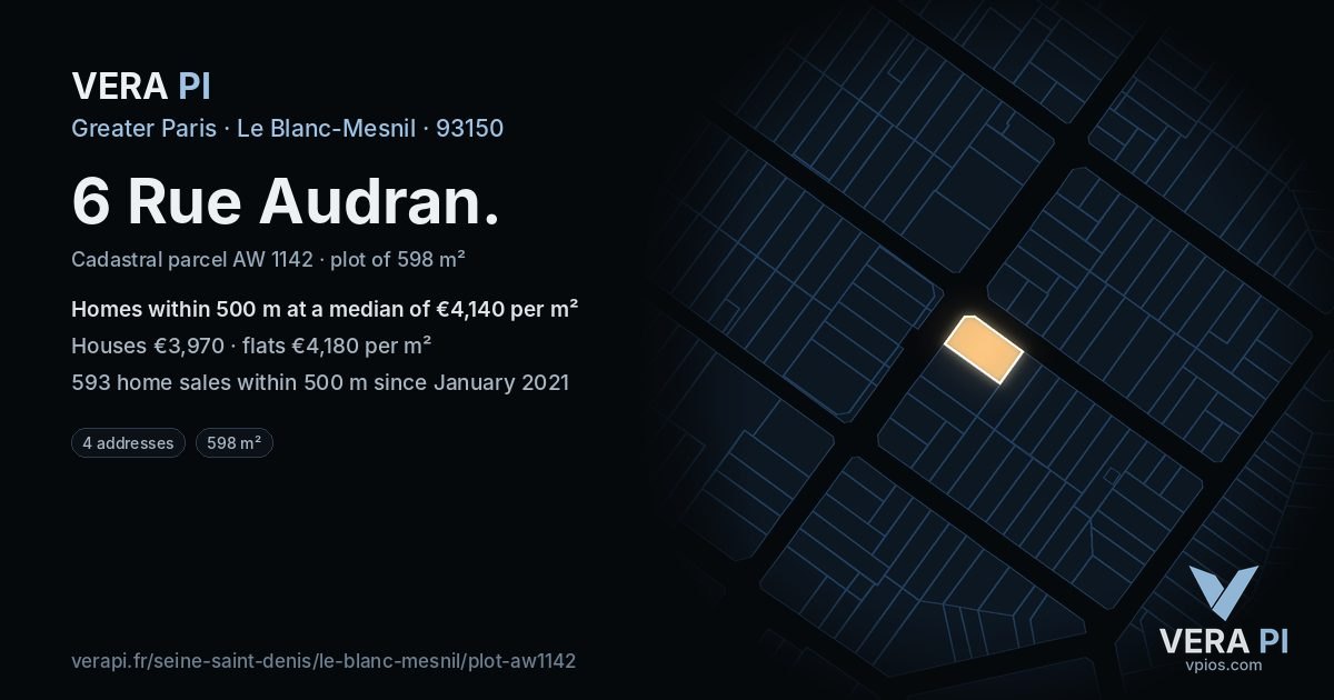 6 Rue Audran, Le Blanc-Mesnil at night – the plot lit, the parcels around coloured by the prices near them