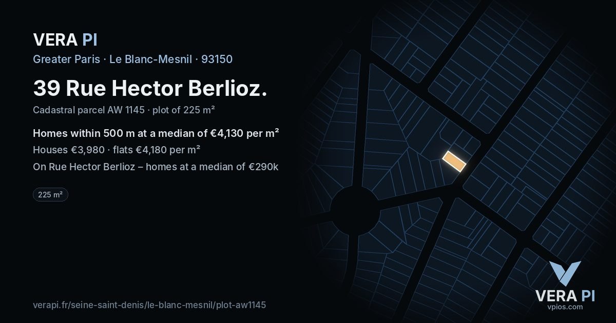 39 Rue Hector Berlioz, Le Blanc-Mesnil at night – the plot lit, the parcels around coloured by the prices near them