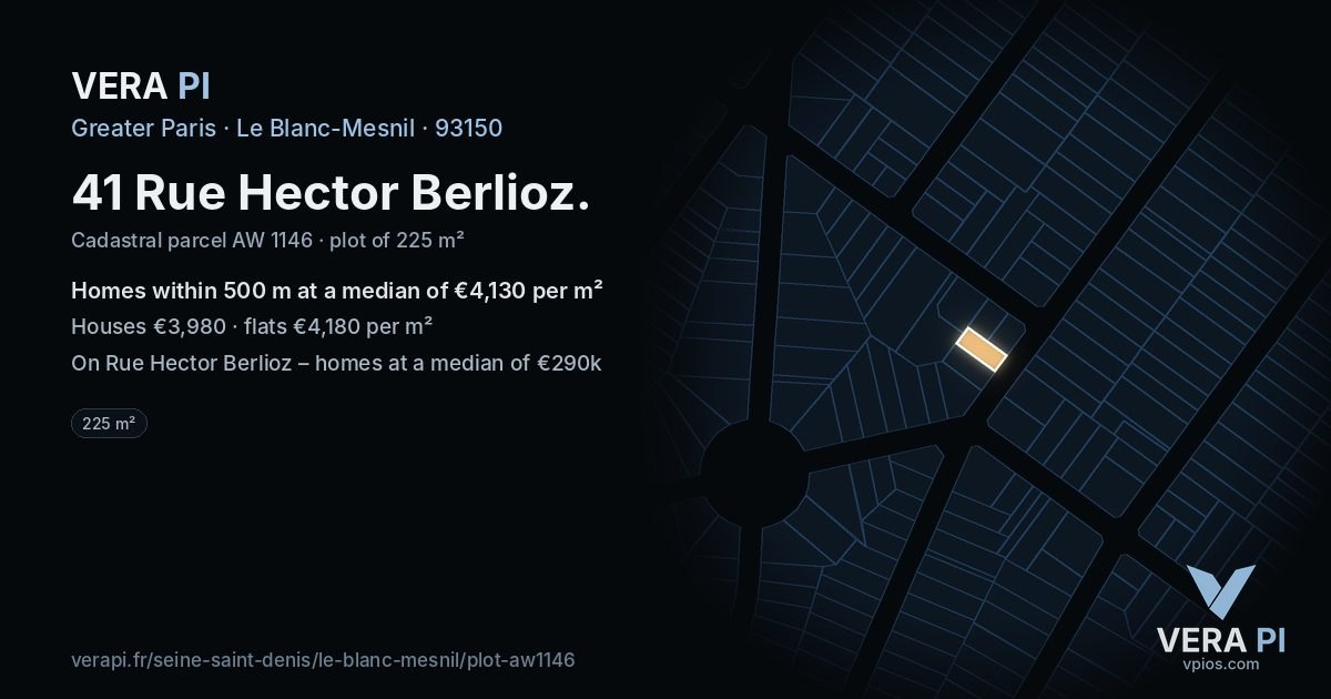 41 Rue Hector Berlioz, Le Blanc-Mesnil at night – the plot lit, the parcels around coloured by the prices near them