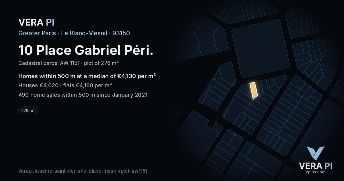 10 Place Gabriel Péri, Le Blanc-Mesnil at night – the plot lit, the parcels around coloured by the prices near them