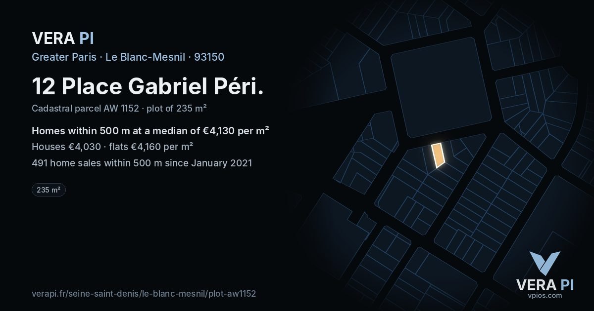 12 Place Gabriel Péri, Le Blanc-Mesnil at night – the plot lit, the parcels around coloured by the prices near them