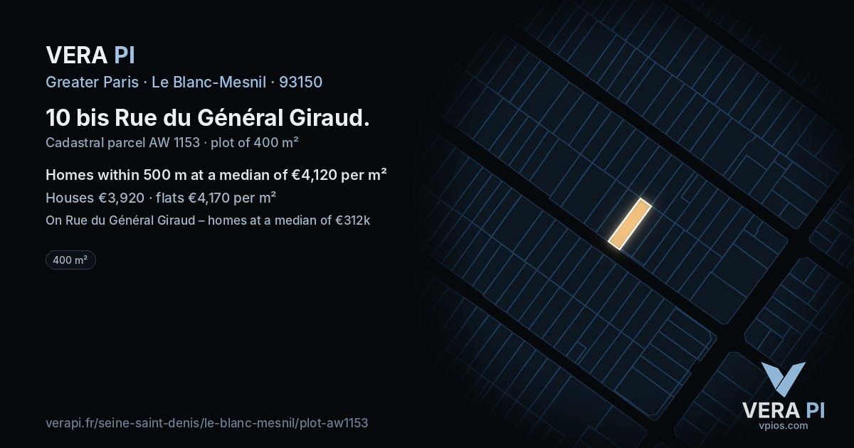 10 bis Rue du Général Giraud, Le Blanc-Mesnil at night – the plot lit, the parcels around coloured by the prices near them