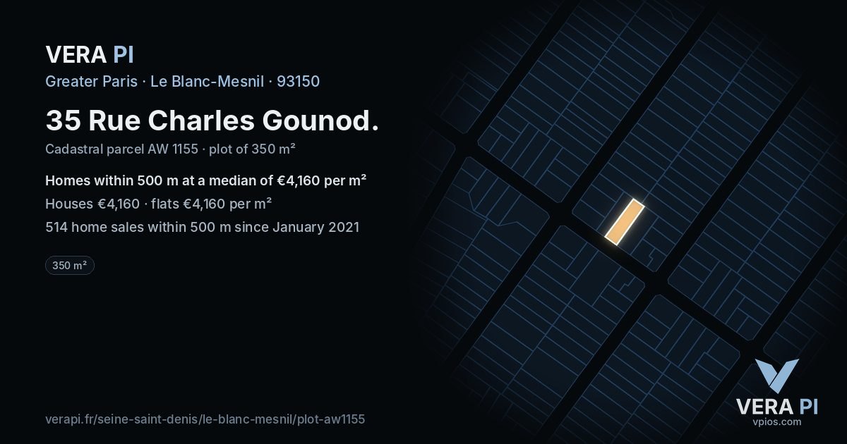 35 Rue Charles Gounod, Le Blanc-Mesnil at night – the plot lit, the parcels around coloured by the prices near them