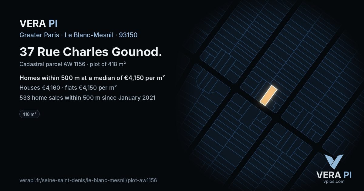 37 Rue Charles Gounod, Le Blanc-Mesnil at night – the plot lit, the parcels around coloured by the prices near them