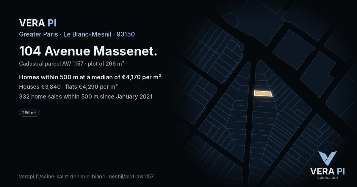 104 Avenue Massenet, Le Blanc-Mesnil at night – the plot lit, the parcels around coloured by the prices near them