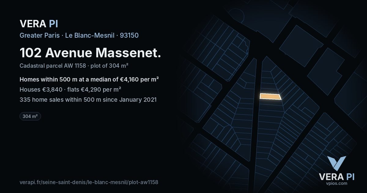 102 Avenue Massenet, Le Blanc-Mesnil at night – the plot lit, the parcels around coloured by the prices near them