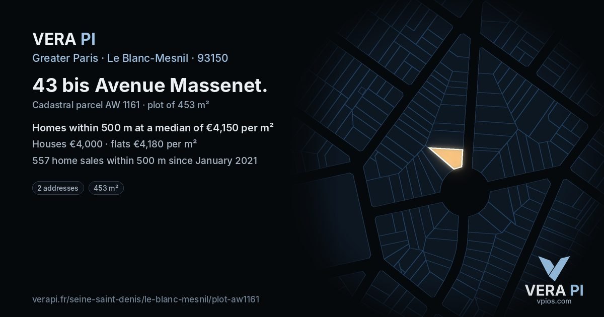 43 bis Avenue Massenet, Le Blanc-Mesnil at night – the plot lit, the parcels around coloured by the prices near them