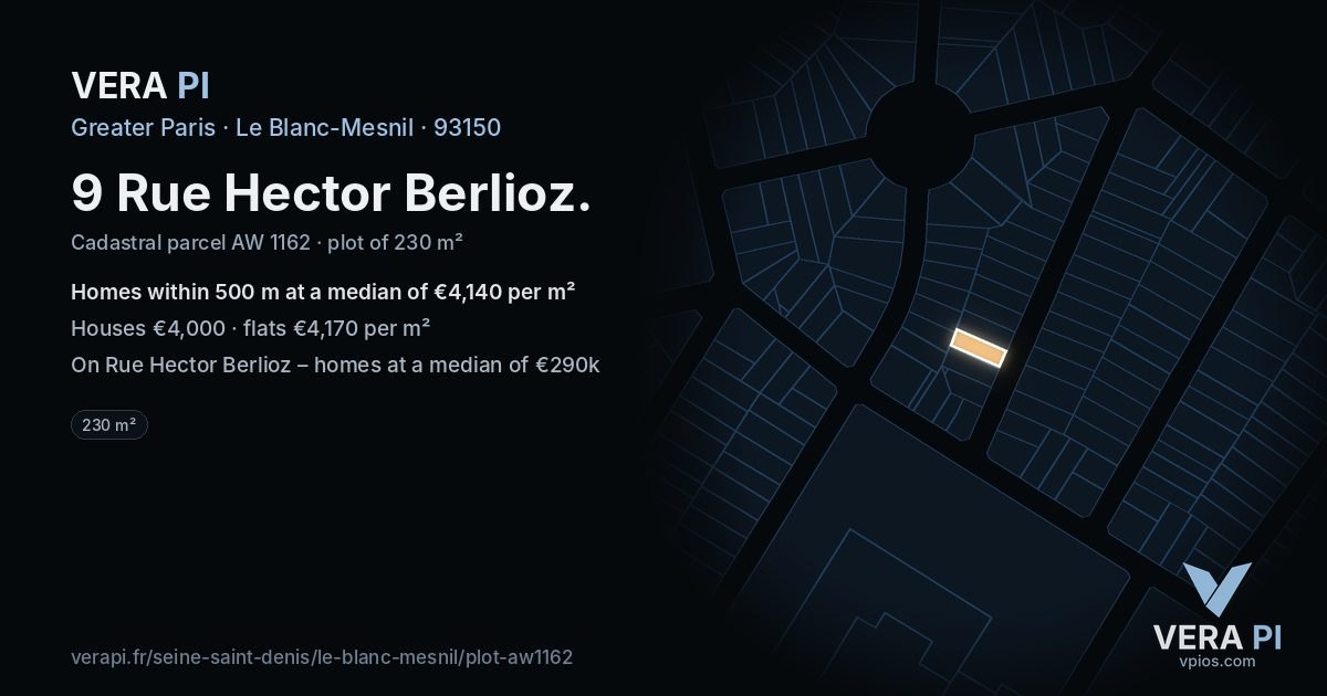 9 Rue Hector Berlioz, Le Blanc-Mesnil at night – the plot lit, the parcels around coloured by the prices near them