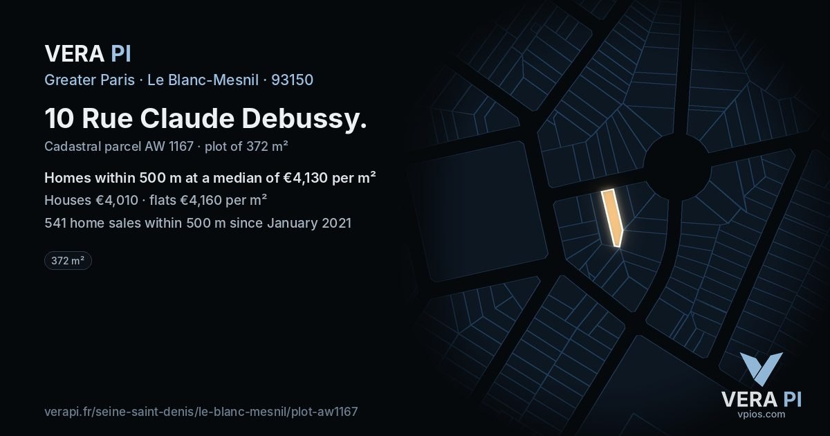 10 Rue Claude Debussy, Le Blanc-Mesnil at night – the plot lit, the parcels around coloured by the prices near them