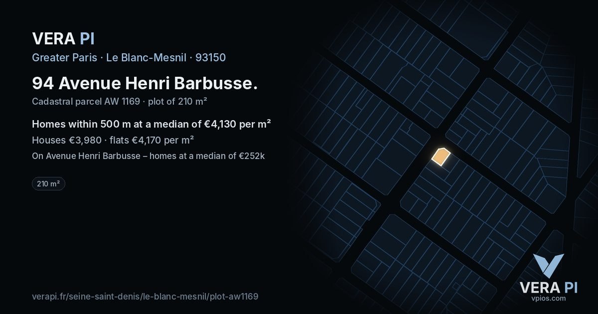 94 Avenue Henri Barbusse, Le Blanc-Mesnil at night – the plot lit, the parcels around coloured by the prices near them