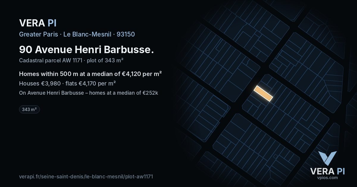 90 Avenue Henri Barbusse, Le Blanc-Mesnil at night – the plot lit, the parcels around coloured by the prices near them