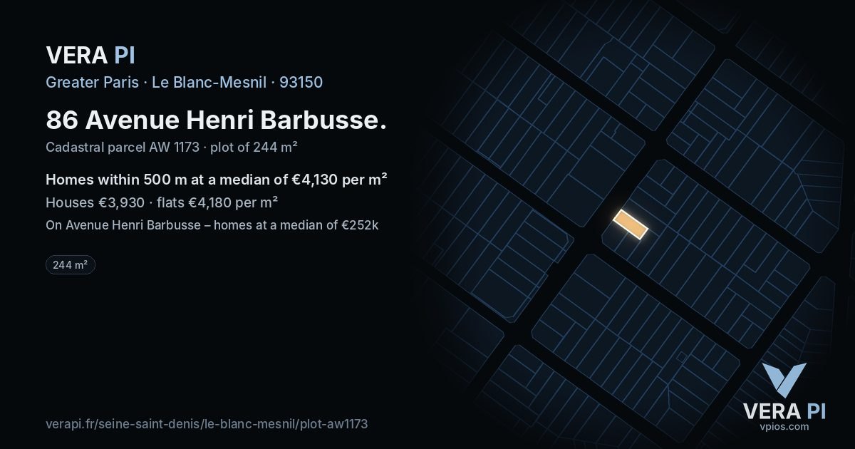 86 Avenue Henri Barbusse, Le Blanc-Mesnil at night – the plot lit, the parcels around coloured by the prices near them