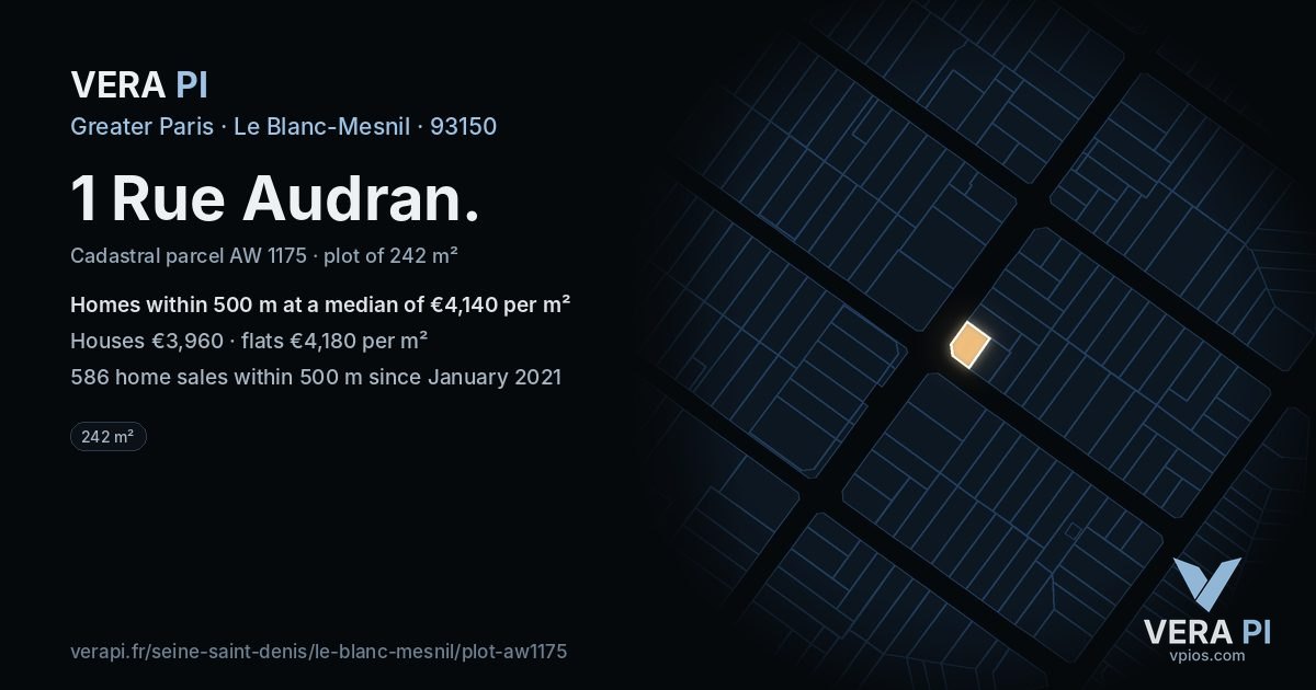 1 Rue Audran, Le Blanc-Mesnil at night – the plot lit, the parcels around coloured by the prices near them