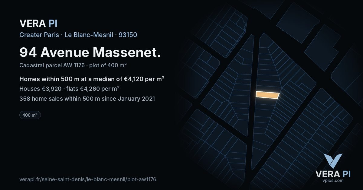 94 Avenue Massenet, Le Blanc-Mesnil at night – the plot lit, the parcels around coloured by the prices near them
