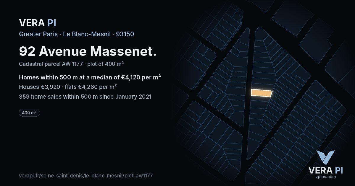 92 Avenue Massenet, Le Blanc-Mesnil at night – the plot lit, the parcels around coloured by the prices near them
