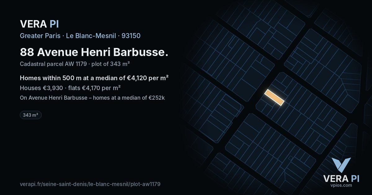 88 Avenue Henri Barbusse, Le Blanc-Mesnil at night – the plot lit, the parcels around coloured by the prices near them