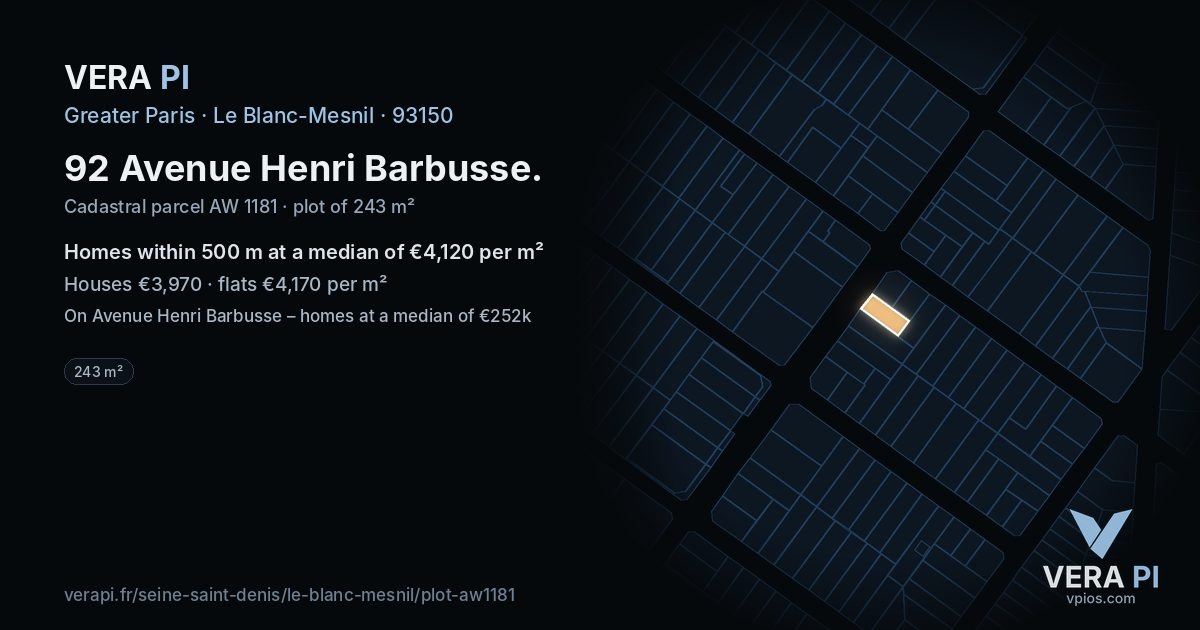 92 Avenue Henri Barbusse, Le Blanc-Mesnil at night – the plot lit, the parcels around coloured by the prices near them