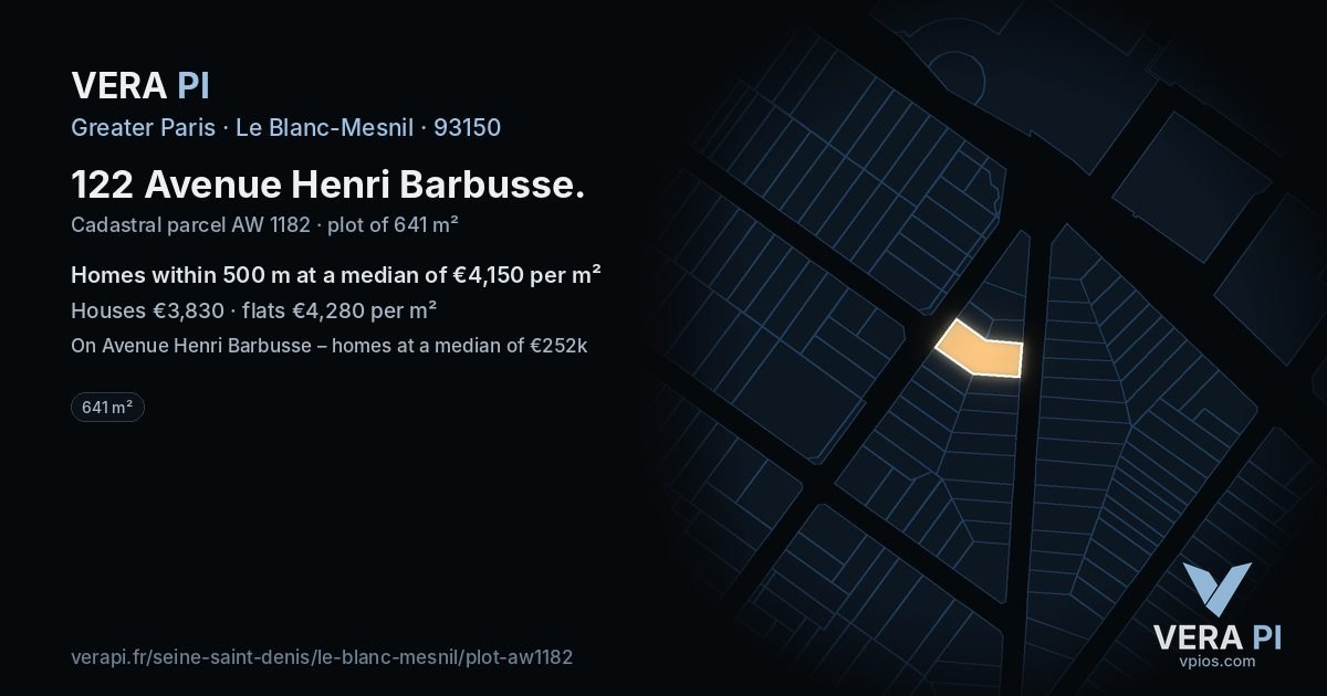 122 Avenue Henri Barbusse, Le Blanc-Mesnil at night – the plot lit, the parcels around coloured by the prices near them