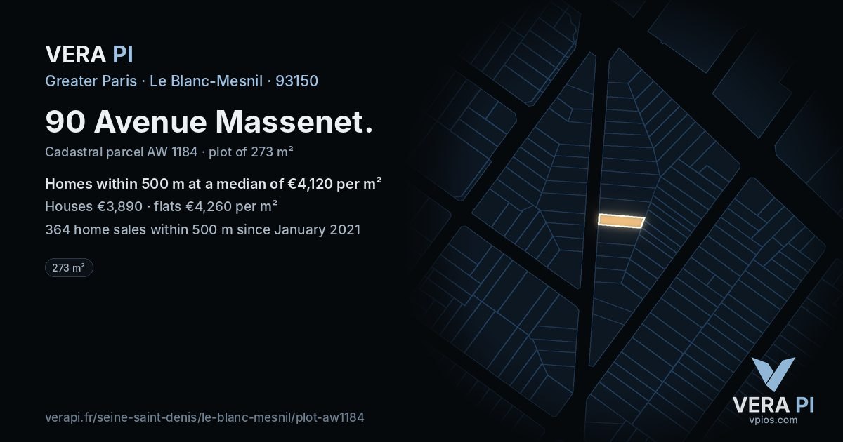 90 Avenue Massenet, Le Blanc-Mesnil at night – the plot lit, the parcels around coloured by the prices near them