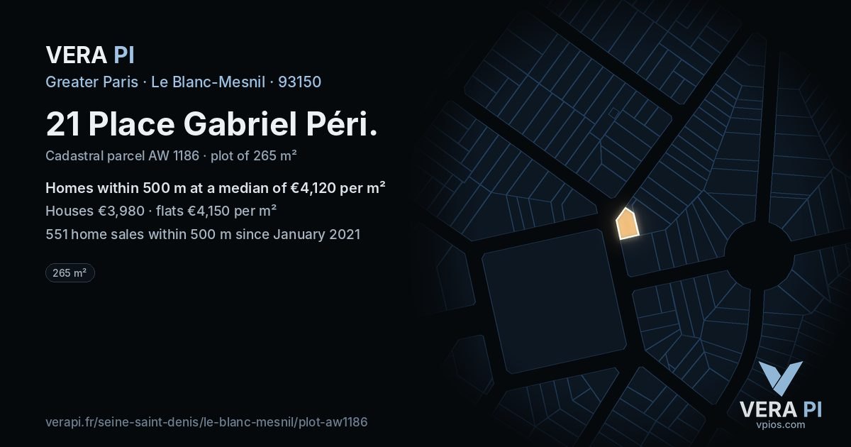 21 Place Gabriel Péri, Le Blanc-Mesnil at night – the plot lit, the parcels around coloured by the prices near them