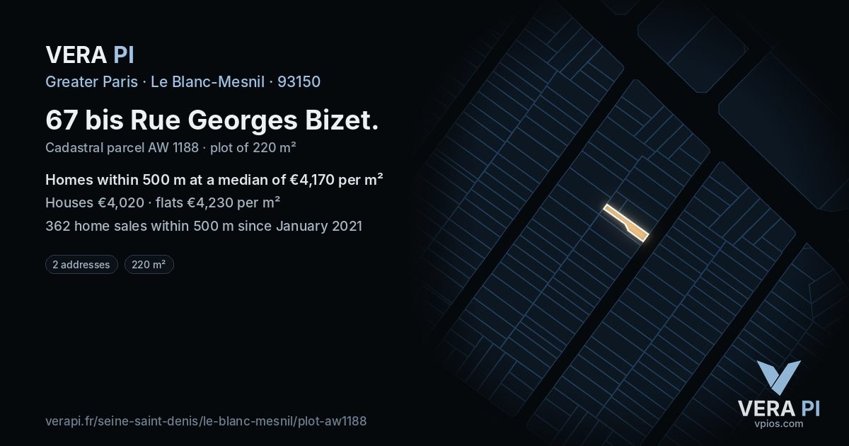 67 bis Rue Georges Bizet, Le Blanc-Mesnil at night – the plot lit, the parcels around coloured by the prices near them