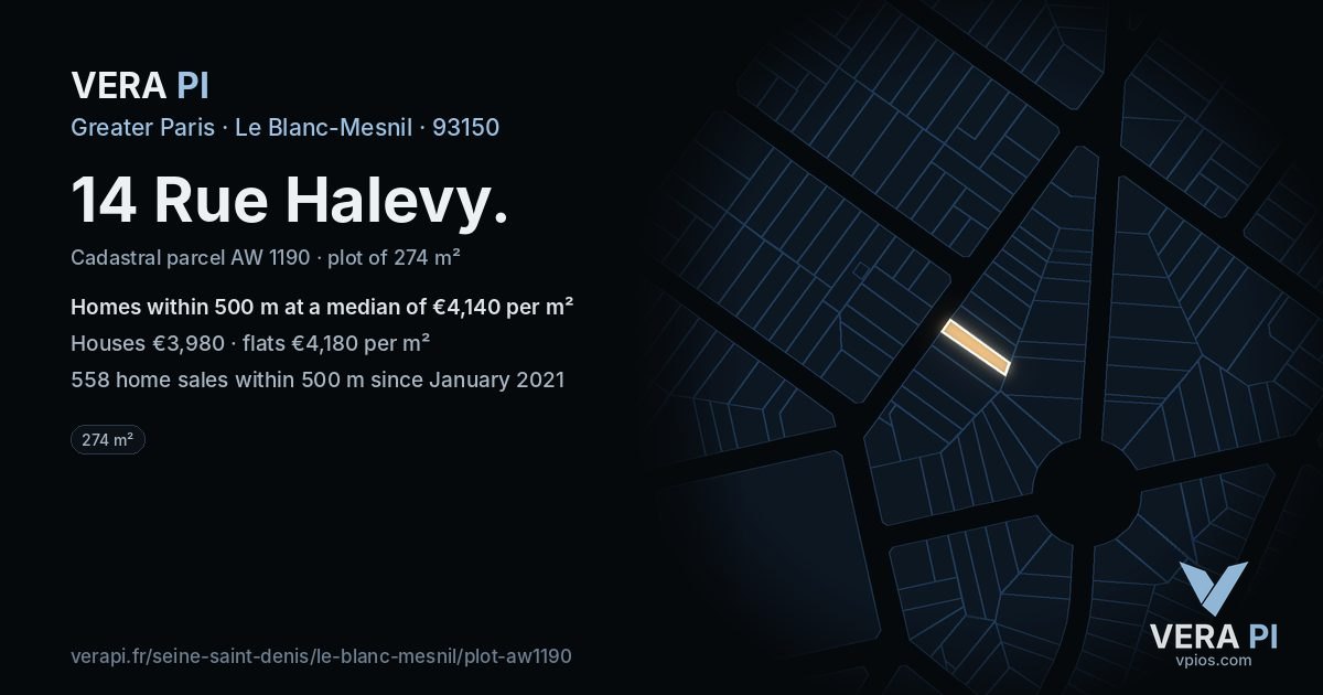 14 Rue Halevy, Le Blanc-Mesnil at night – the plot lit, the parcels around coloured by the prices near them