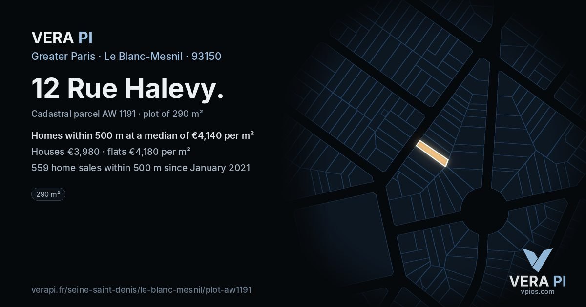 12 Rue Halevy, Le Blanc-Mesnil at night – the plot lit, the parcels around coloured by the prices near them