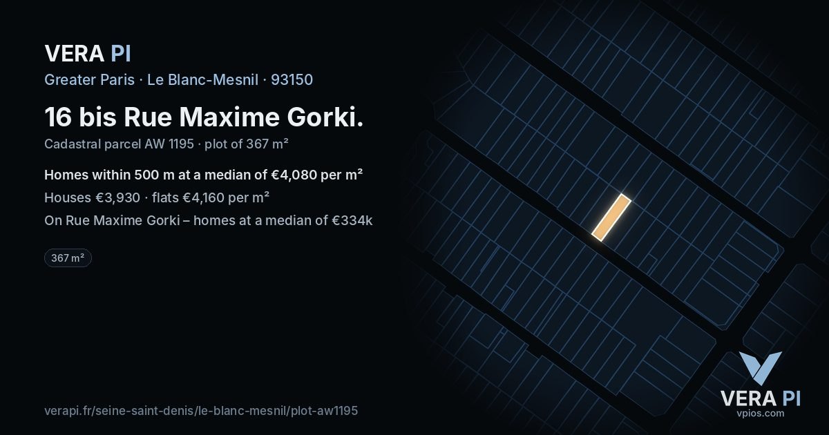16 bis Rue Maxime Gorki, Le Blanc-Mesnil at night – the plot lit, the parcels around coloured by the prices near them