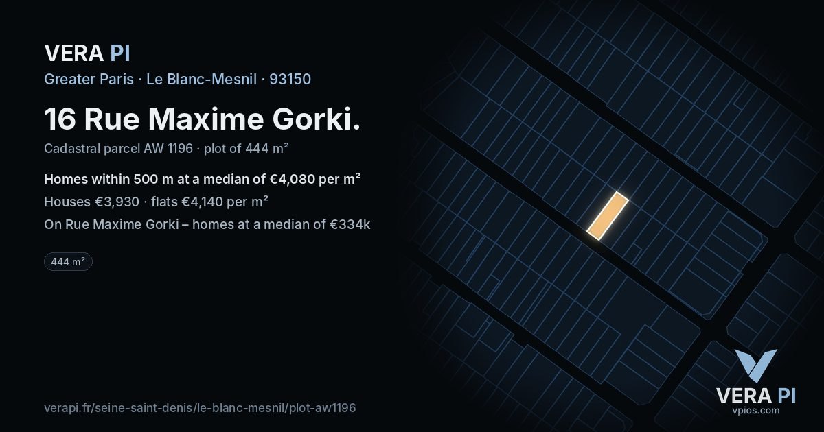 16 Rue Maxime Gorki, Le Blanc-Mesnil at night – the plot lit, the parcels around coloured by the prices near them