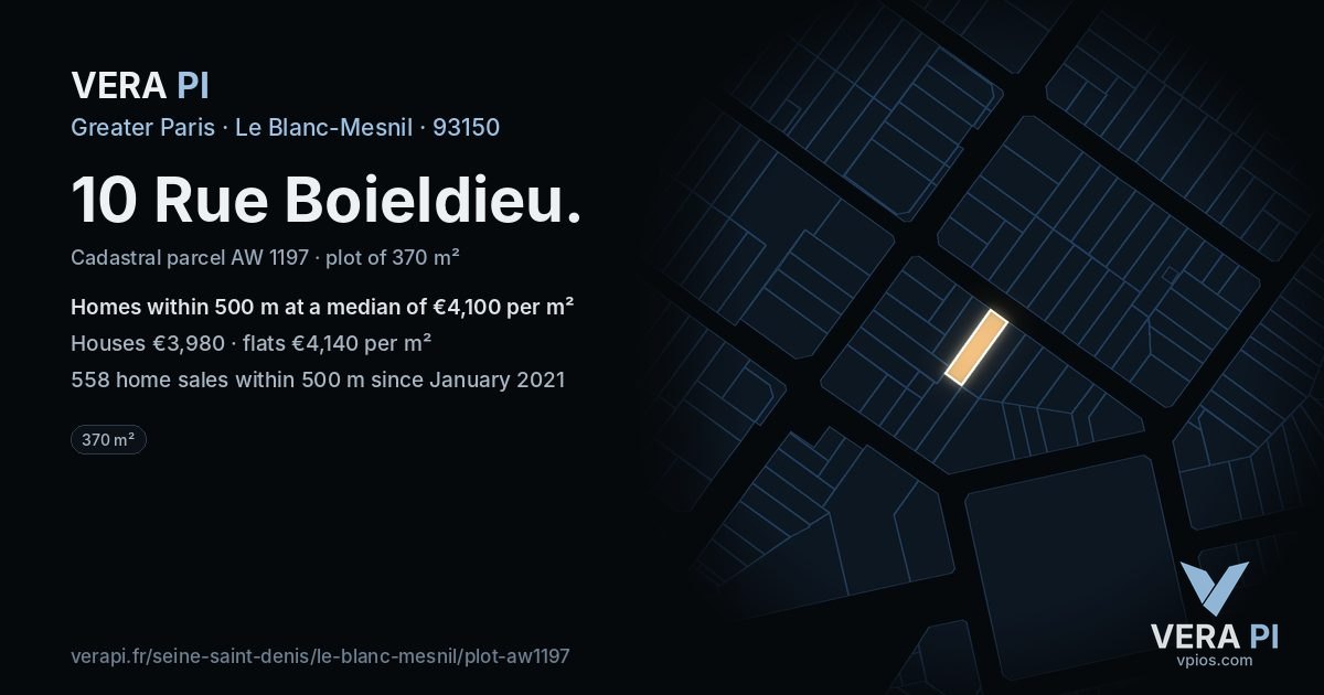 10 Rue Boieldieu, Le Blanc-Mesnil at night – the plot lit, the parcels around coloured by the prices near them