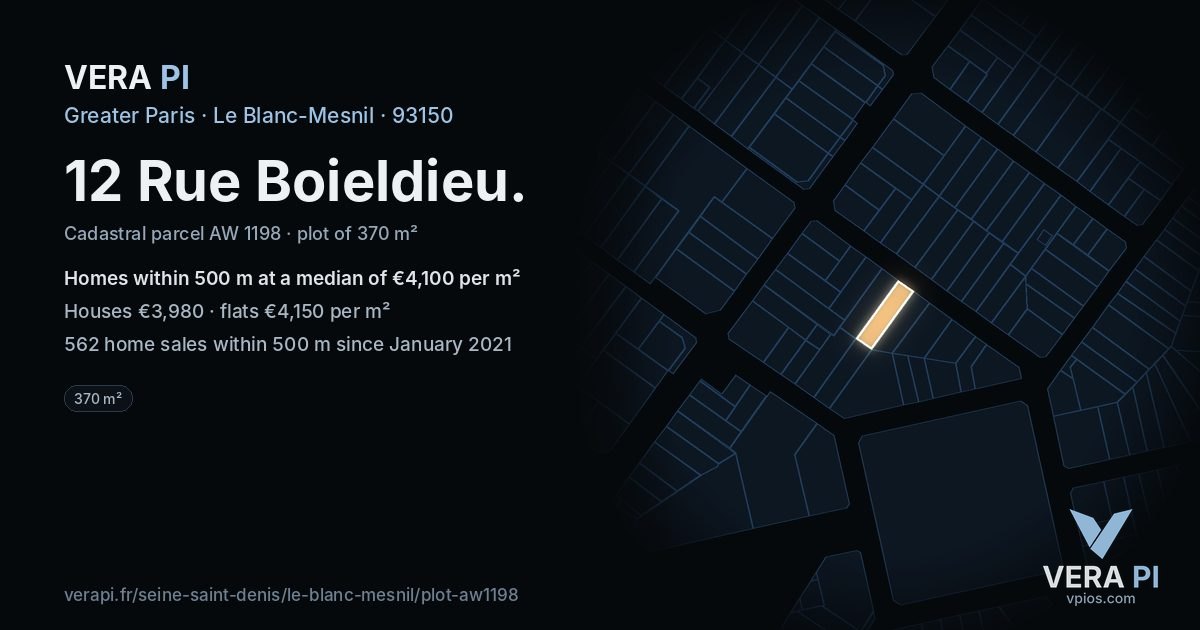 12 Rue Boieldieu, Le Blanc-Mesnil at night – the plot lit, the parcels around coloured by the prices near them