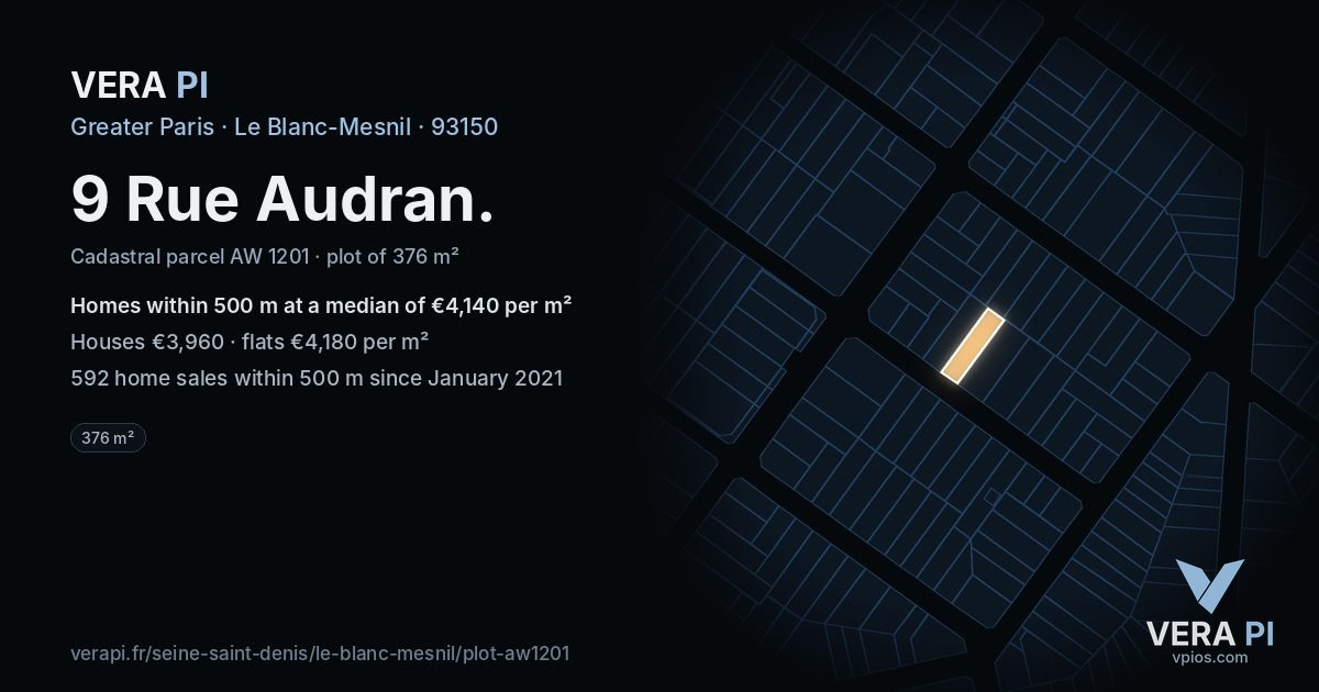 9 Rue Audran, Le Blanc-Mesnil at night – the plot lit, the parcels around coloured by the prices near them