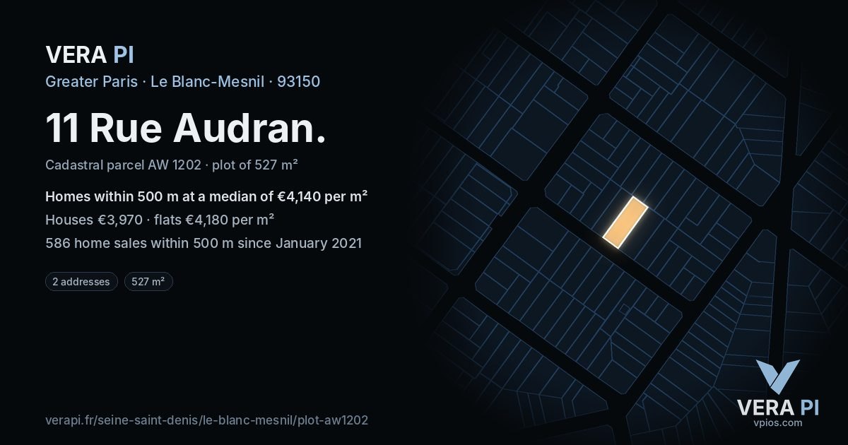 11 Rue Audran, Le Blanc-Mesnil at night – the plot lit, the parcels around coloured by the prices near them