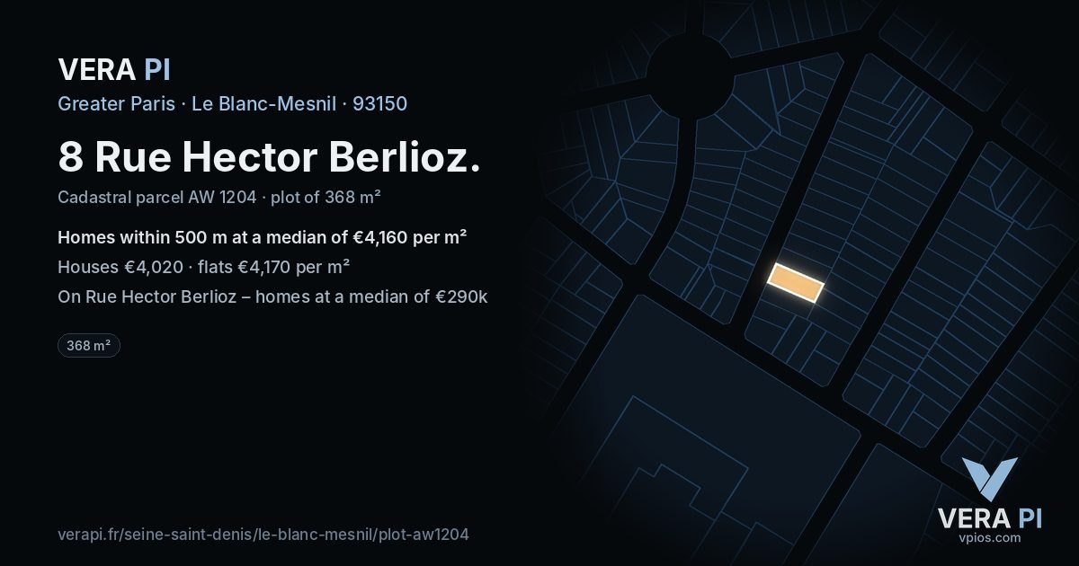 8 Rue Hector Berlioz, Le Blanc-Mesnil at night – the plot lit, the parcels around coloured by the prices near them