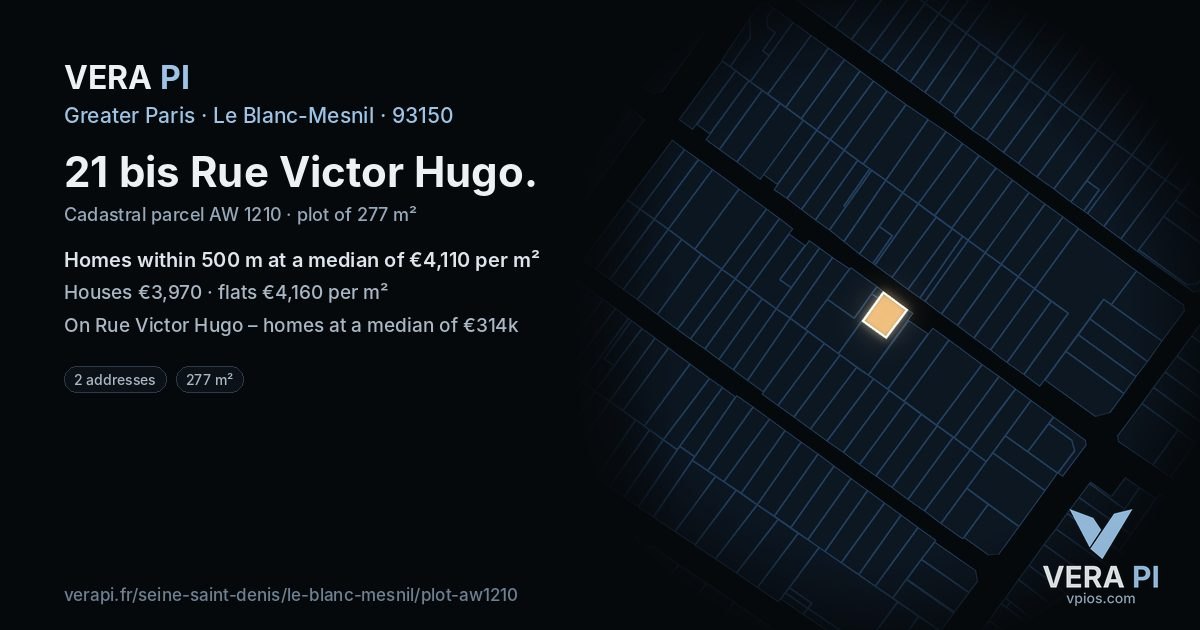 21 bis Rue Victor Hugo, Le Blanc-Mesnil at night – the plot lit, the parcels around coloured by the prices near them
