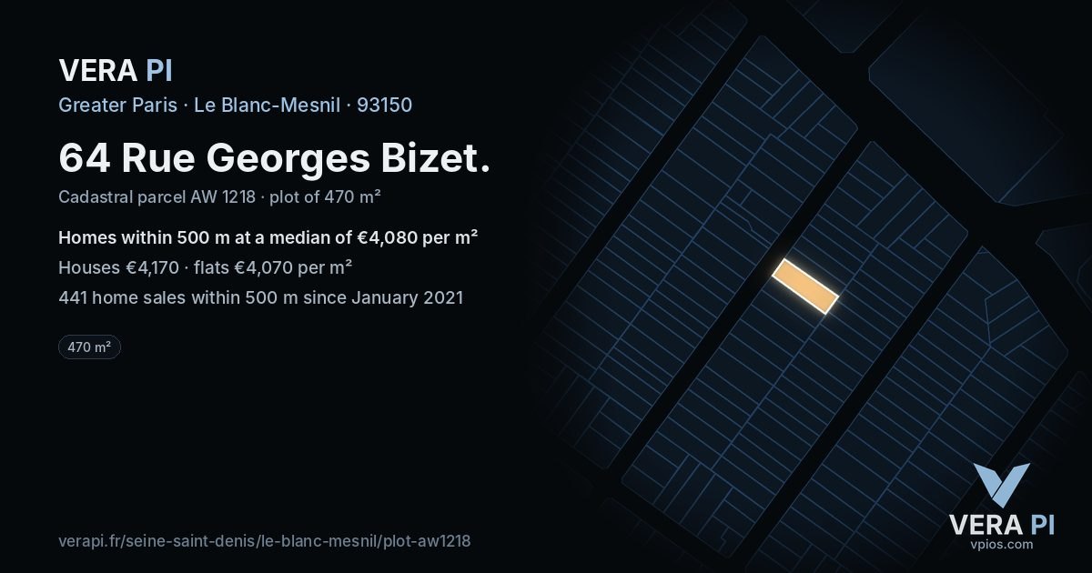 64 Rue Georges Bizet, Le Blanc-Mesnil at night – the plot lit, the parcels around coloured by the prices near them