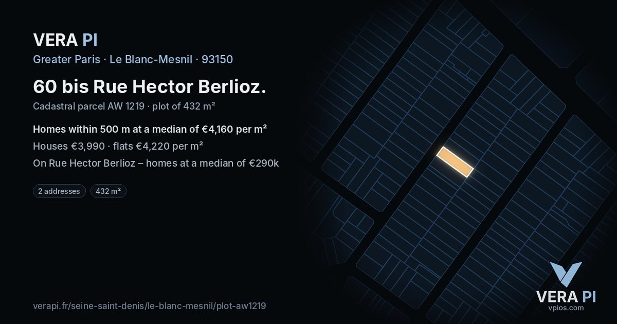 60 bis Rue Hector Berlioz, Le Blanc-Mesnil at night – the plot lit, the parcels around coloured by the prices near them