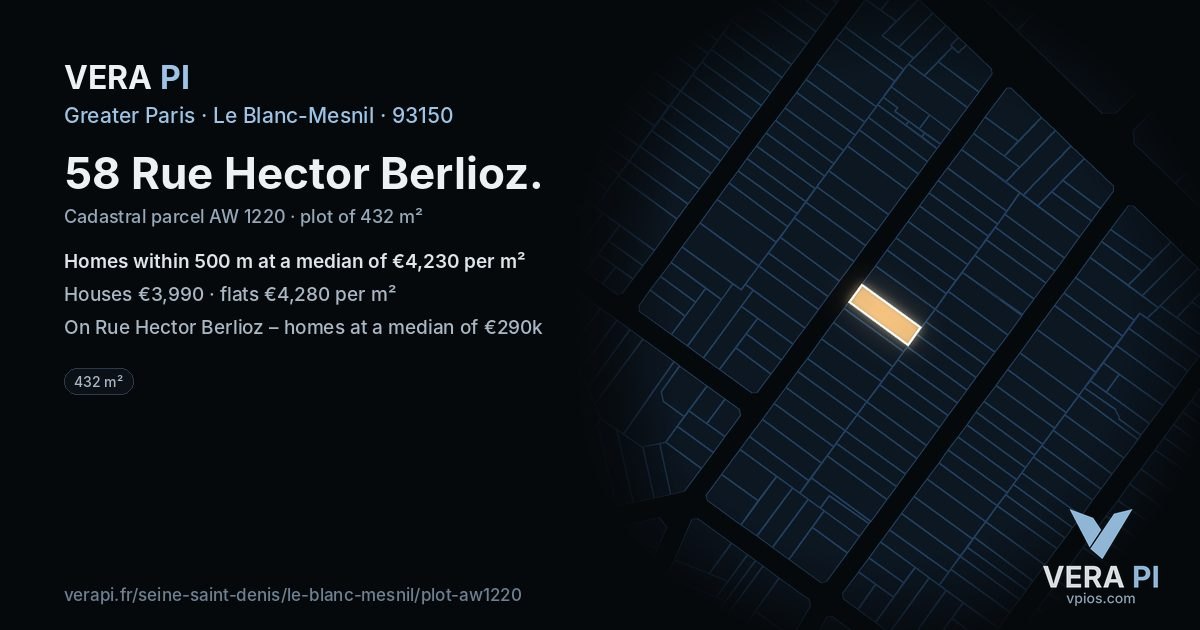 58 Rue Hector Berlioz, Le Blanc-Mesnil at night – the plot lit, the parcels around coloured by the prices near them
