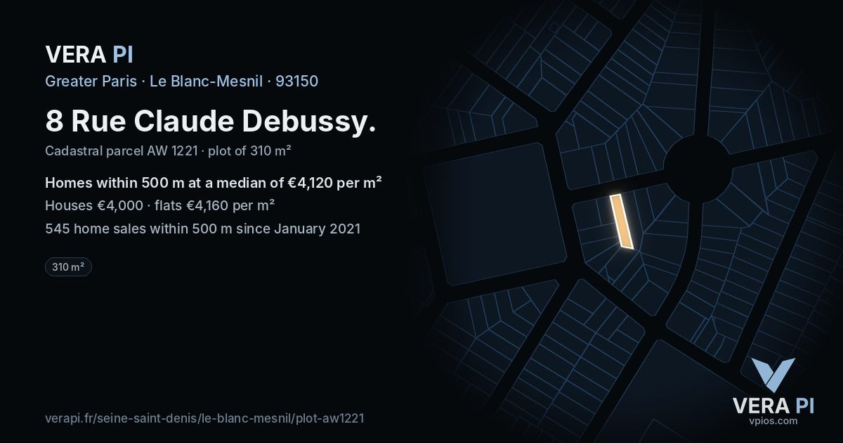 8 Rue Claude Debussy, Le Blanc-Mesnil at night – the plot lit, the parcels around coloured by the prices near them