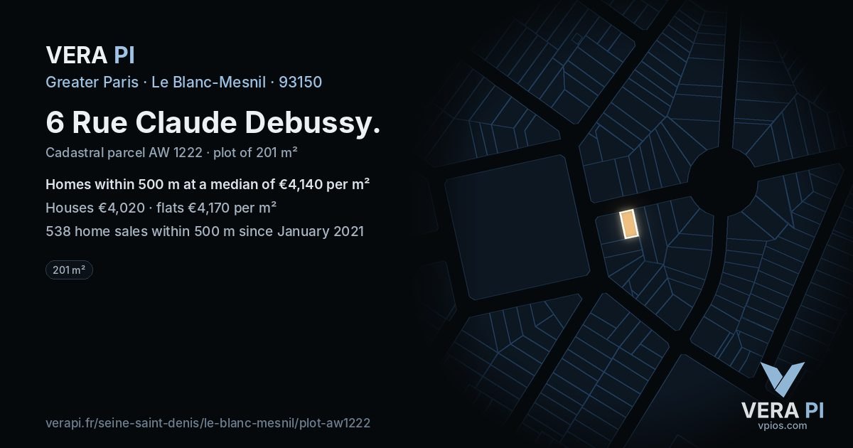6 Rue Claude Debussy, Le Blanc-Mesnil at night – the plot lit, the parcels around coloured by the prices near them
