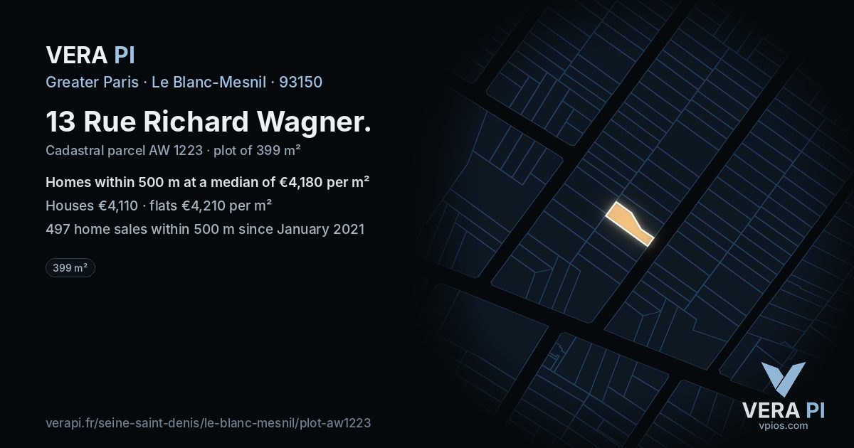 13 Rue Richard Wagner, Le Blanc-Mesnil at night – the plot lit, the parcels around coloured by the prices near them