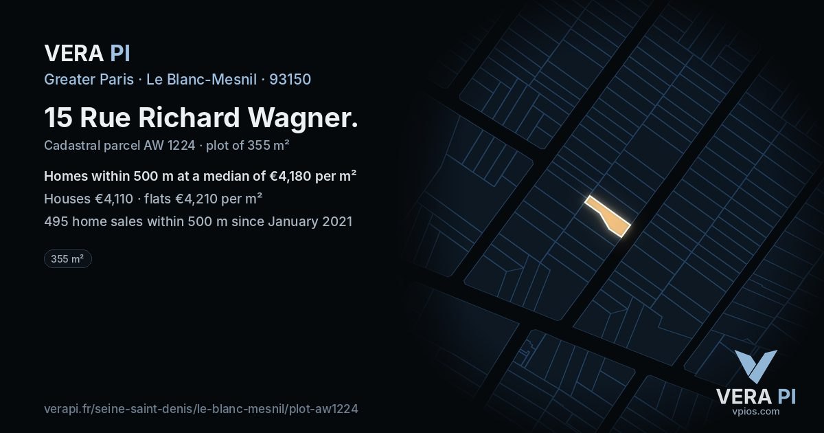 15 Rue Richard Wagner, Le Blanc-Mesnil at night – the plot lit, the parcels around coloured by the prices near them