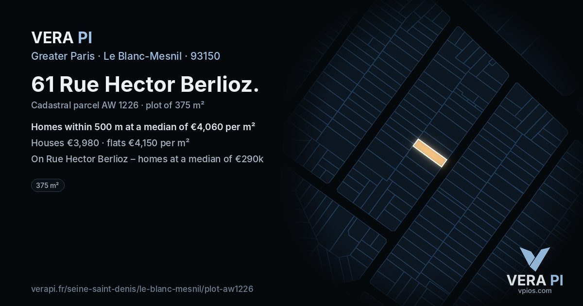 61 Rue Hector Berlioz, Le Blanc-Mesnil at night – the plot lit, the parcels around coloured by the prices near them