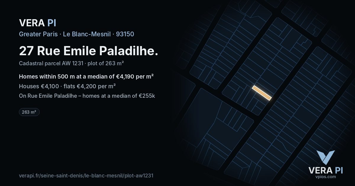 27 Rue Emile Paladilhe, Le Blanc-Mesnil at night – the plot lit, the parcels around coloured by the prices near them