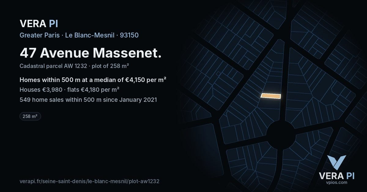 47 Avenue Massenet, Le Blanc-Mesnil at night – the plot lit, the parcels around coloured by the prices near them